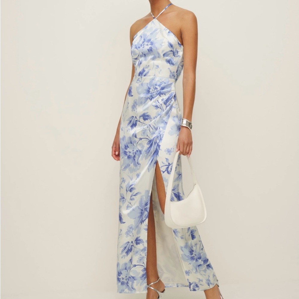 Reformation Myla Silk Dress Size 8 Meringue blue and white Maxi Silk Dress